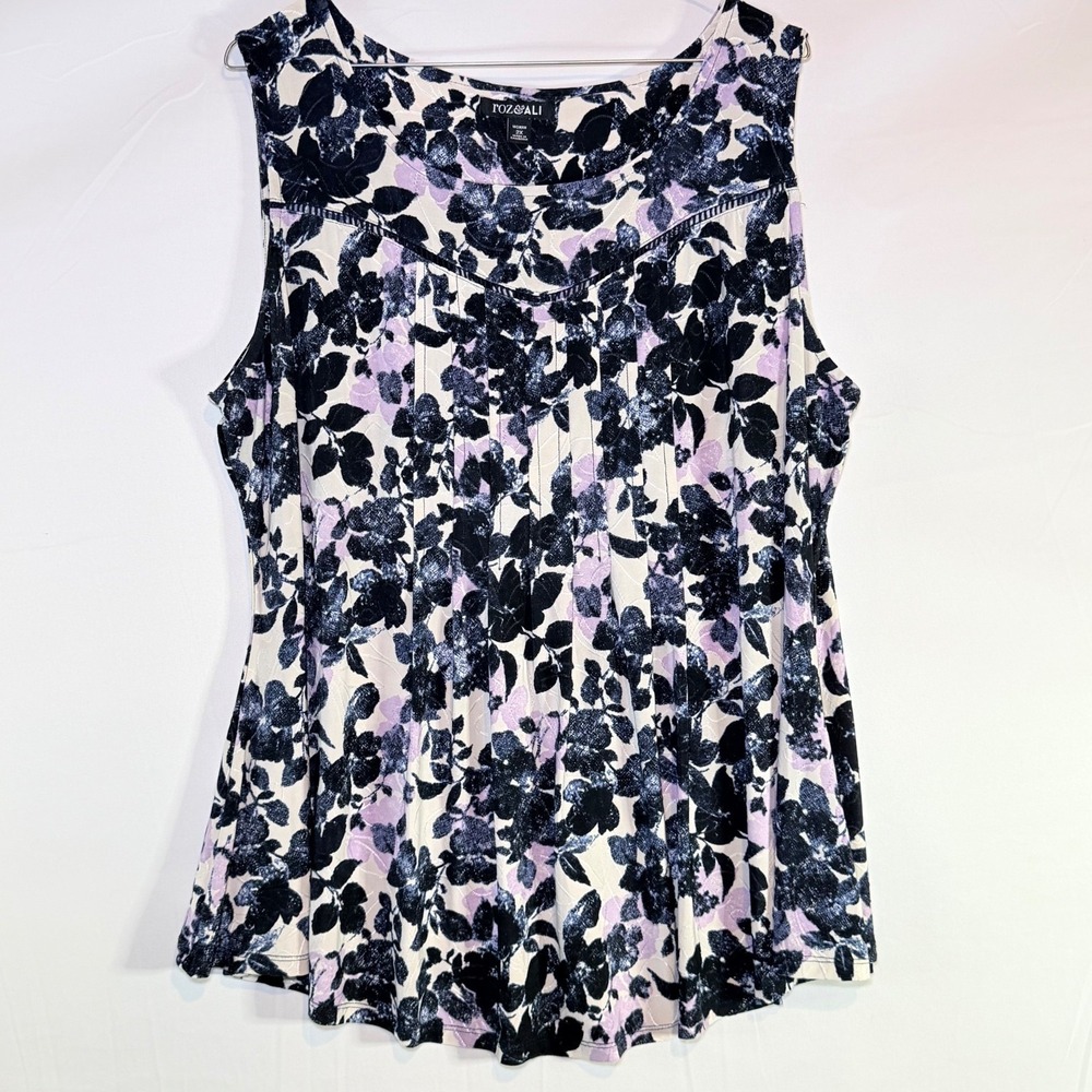 ROZ & ALI Top Women's Floral Navy Purple Cream 2X‎ Sleeveless Pleated